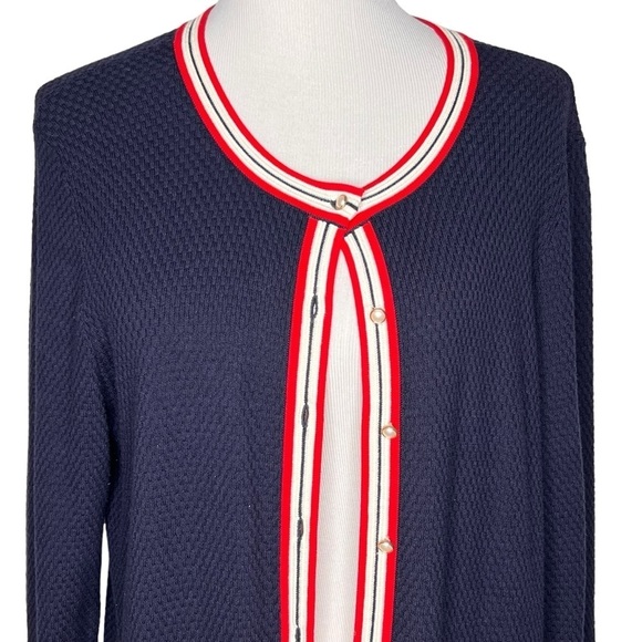 Talbots Navy Blue Red White Nautical Knit Pearl Button Cardigan Pockets Size L - Picture 5 of 12